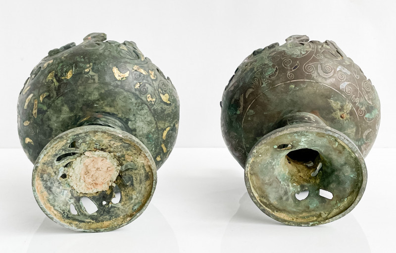 Pair of Chinese Inlaid Bronze Mountain Form Censers and Covers, Boshanlu