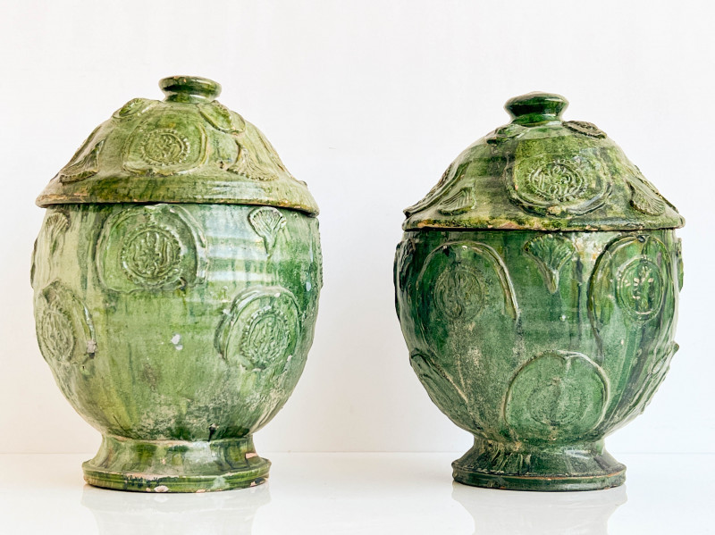Two Similar Chinese Green Glazed Lidded Ceramic Vessels