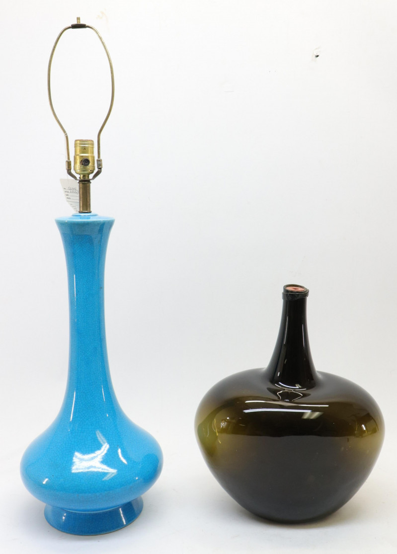Image 1 of lot 2 Lamps: MCM Turquoise Blue Ceramic; Vintage Glass