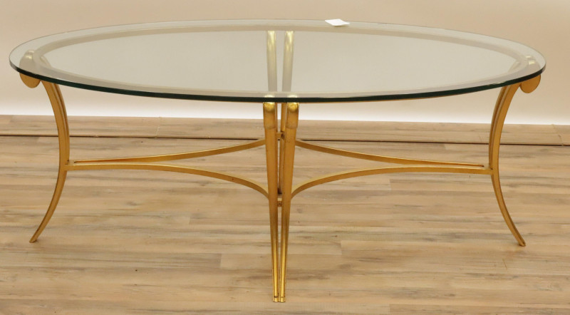Gilded Metal and Glass Oval Cocktail Table