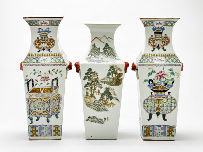 Image for Lot Three Similar Chinese Porcelain Square Baluster Vases