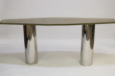 Image for Lot 1970's Chrome & Gilt Textured Glass Console