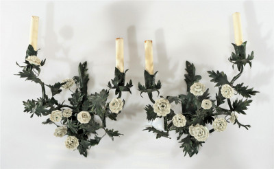Image for Lot Pr. Green Tole Ware Sconces with Porcelain Flowers