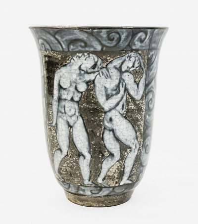 Title Edward Cazaux - vase with swirl pattern, figures, and metallic accents / Artist