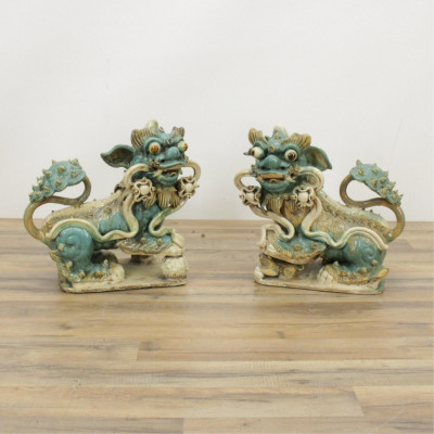 Image for Lot Pair So. Chinese Temple Guardian Lions 19th-20th c