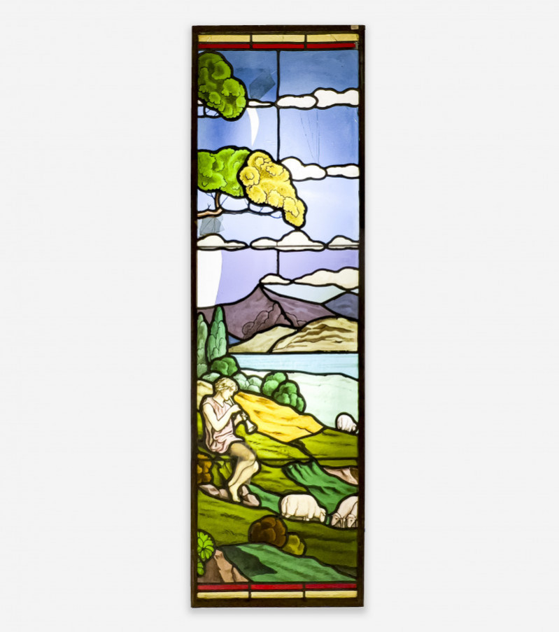 Victorian Stained Glass Window of a Piping Shepherd and his Flock