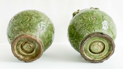 Two Chinese Celadon Glazed Ceramic Pagoda Form Vessels and Covers