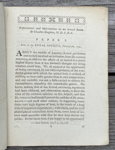 Sir Chrales BLAGDEN Experiments [2 papers, 1775?]