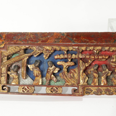 Image 6 of lot 2 Chinese Wood Carved Panels Gilt & Red Lacquer