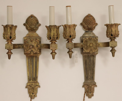 Image for Lot Louis XVI Style Foliate Cast Brass 2-Light Sconces