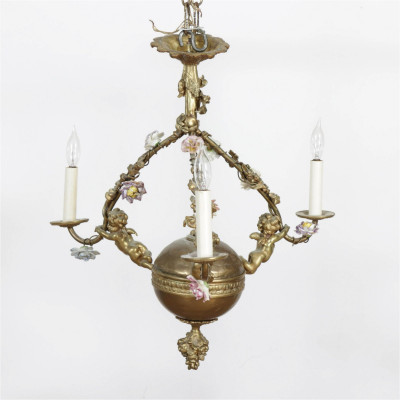 Image for Lot French Metal & Porcelain Putti Chandelier