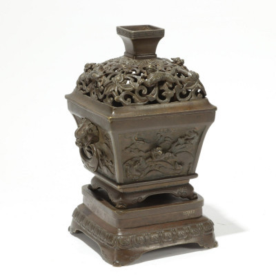 Image for Lot Ming Bronze Censer With Reticulated Coner & Stand