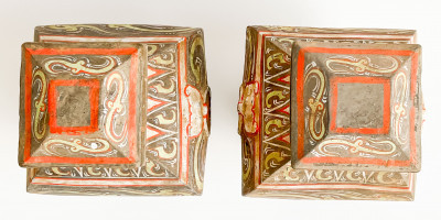 Pair of Chinese Painted Pottery Covered Vessels, Fanghu