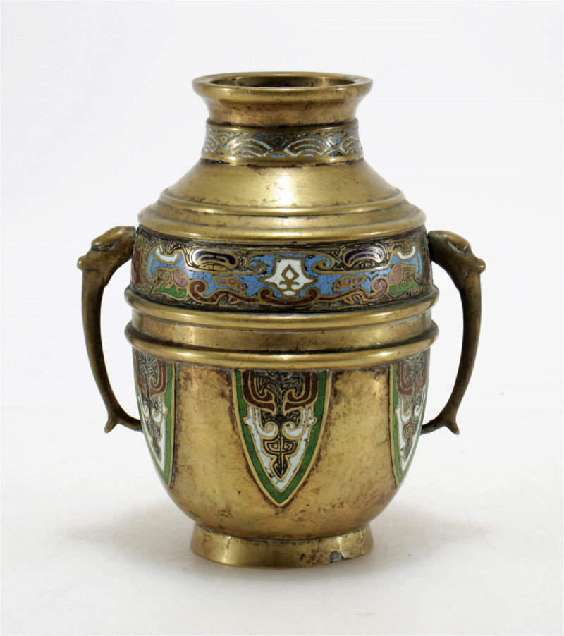 Chinese Cloisonne & Bronze 2-Handle Vase