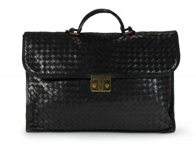 Image for Lot Bottega Veneta Black Leather Intrecciato Briefcase