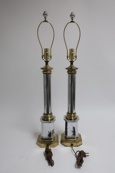 Image for Lot Pr. Modern Chrome and Brass Column Table Lamps