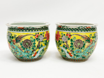 Pair of Chinese Porcelain Famille Verte Yellow Ground Jardinieres