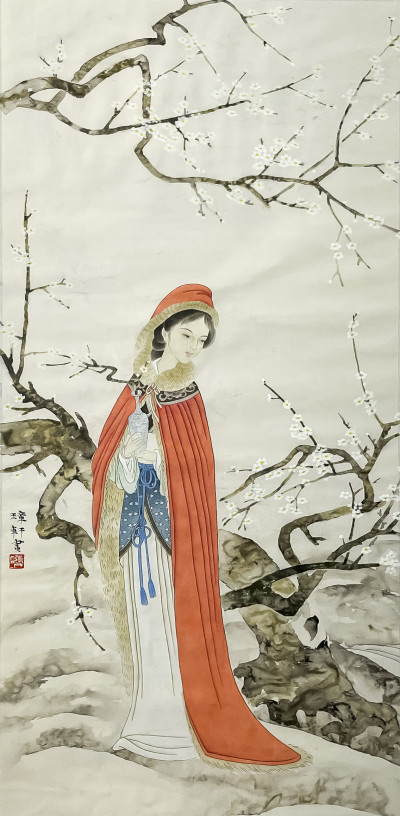 Image for Lot Chinese Painting, Beauty in a Red Cloak, Color Inks on Paper