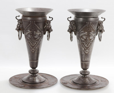 Image for Lot Pair Neoclassical Style Iron Vases  Underplates