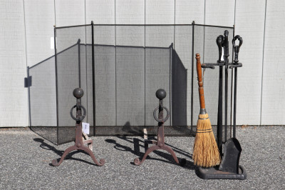 Image for Lot Pr Cahill Andirons, Tools & Fire Screen