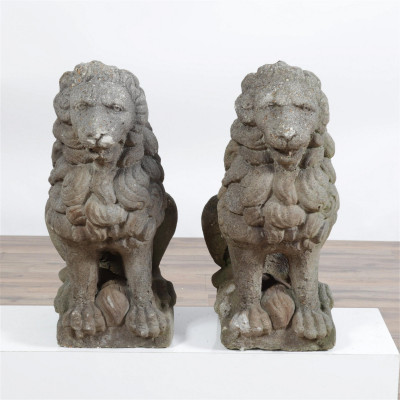 Image for Lot Early 20th C. Pr. of Small Cast Stone Seated Lions