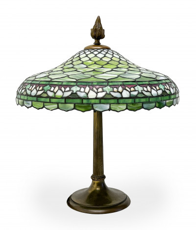 Image for Lot Leaded Glass Table Lamp with Water Lily Motif