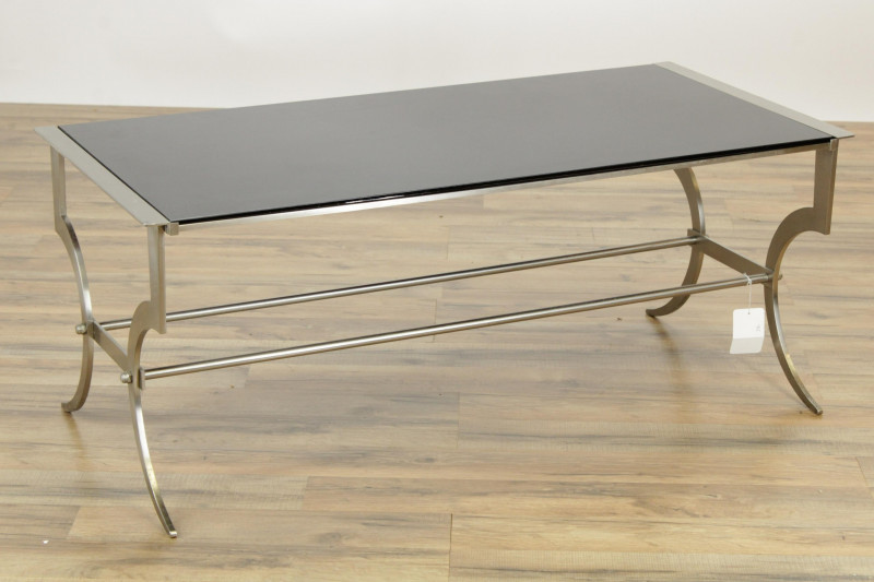 Image 1 of lot 1970&apos;s Brushed Metal  Smoked Glass Coffee Table