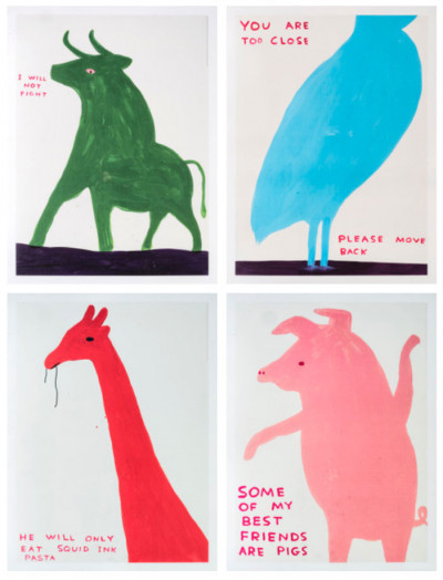 David Shrigley  Animals Series (four works): You Are Too Close Some of My Best Friends Are Pigs I Will Not Fight He Will Only Eat Squid Ink Pasta