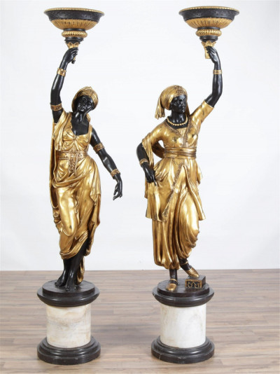 Image for Lot Pair of Bronze Venetian Figures on Marble Stand
