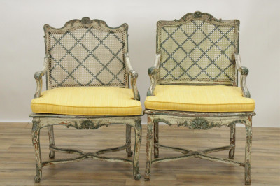 Image for Lot Pair Regence White & Green Fauteuils, E 18th C