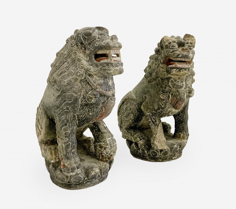 Pair of Chinese Carved and Painted Stone Figures of Lions