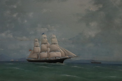 Image for Lot Maritime Oil Painting,19th C., Ship at Sea, O/B