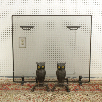 Image for Lot Pair Arts & Crafts Style Owl Andirons, Fire Screen