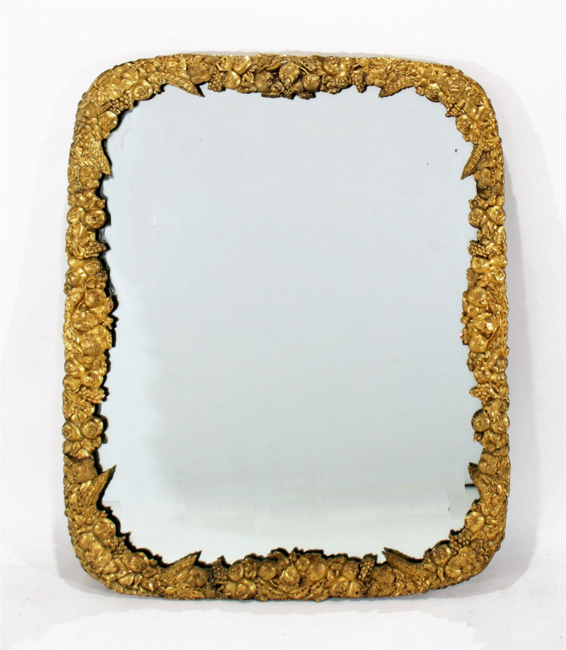 Image 1 of lot 19th C. Berry and Leaf Cast Metal Mirror, marked