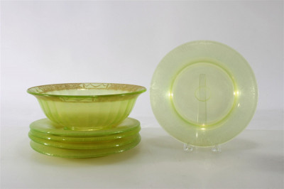6 Loetz Style Plates & Gilt Decorated Bowl