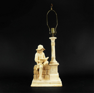 Image for Lot Carved Marble Figure of Boy Reading Table Lamp