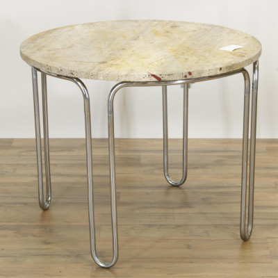 Image for Lot K E M Weber Style Metal  Travertine Table