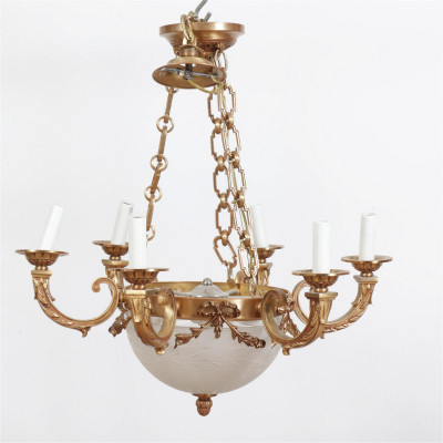 Image for Lot Classical Style Brass & Etched Glass Chandelier