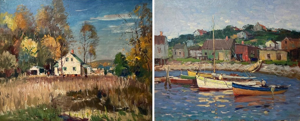 Two of Antonio Cirino's oils featured in the auction. From left: CT Landscape (2022); Sailboats in harbor (2022)