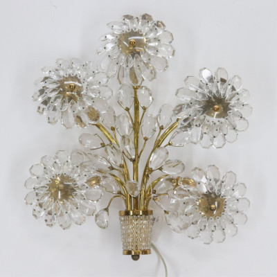 Image for Lot Brass  Faceted Crystal FlowerForm Sconce