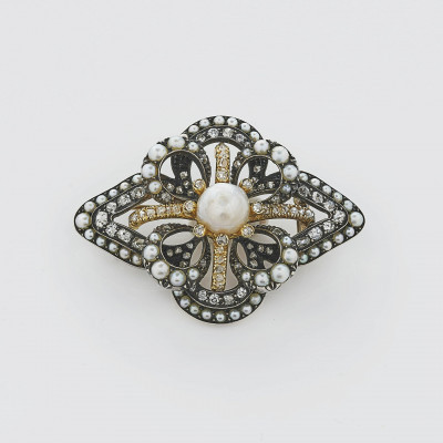 Image for Lot Antique Sterling Pearl &amp; Diamond Brooch