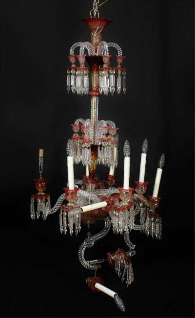 Image for Lot Baccarat Ruby & Clear Glass 12-Light Chandelier