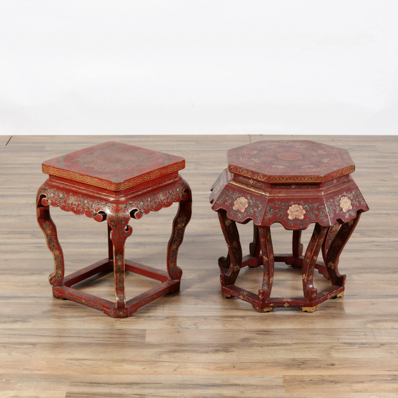Image 1 of lot 2 Chinese Gilt Scarlet Lacquer Low Pedestals