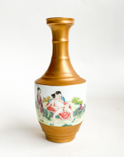 Image for Lot Chinese Enamel Decorated Porcelain Vase with Erotic Imagery