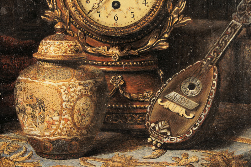 Image 4 of lot Max Schödl – Still Life with Clock, Satsuma Jar, and Mandolin