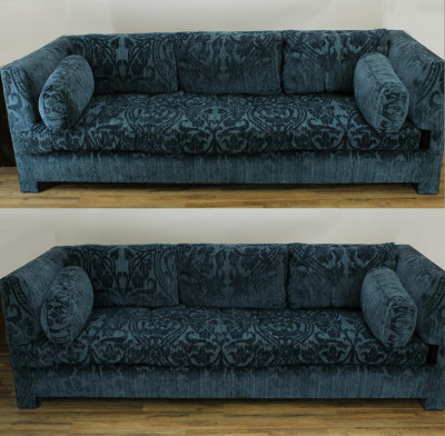 Image for Lot Pr Modern Sofas Cut Velvet Upholstery