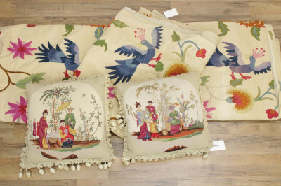 Image for Lot Crewelwork Wool Blanket  Needlework Pillows