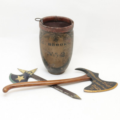 Image for Lot 3 Fire Company Items leather bucket  axes