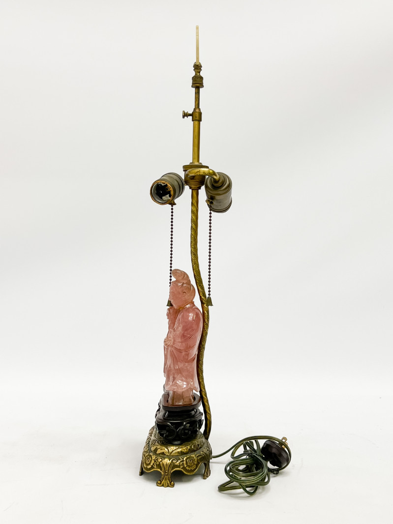Chinese Rose Quartz Carved Figure of a Daoist Immortal, mounted as a lamp
