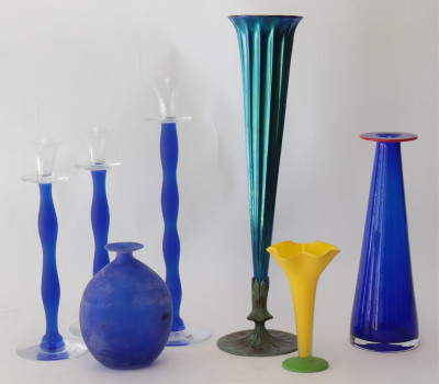 Image for Lot 7 Colorful Art Glass Vases & Candlesticks
